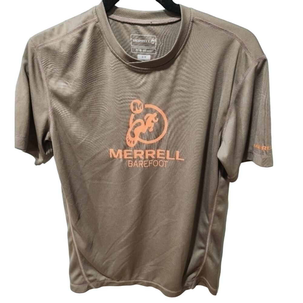 Merrell Barefoot‎ Medium M Tan Athletic T-Shirt Logo Short Sleeve Top